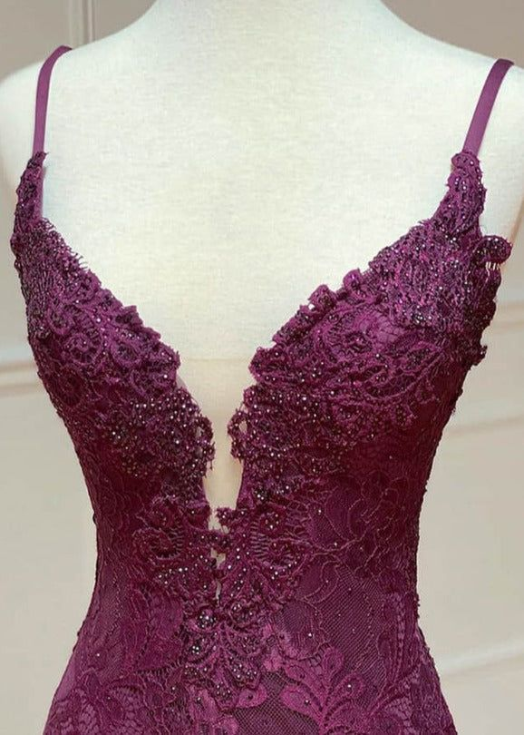Elegant Mermaid Grape Lace Long Prom Dress Formal Evening Dress With Slit J6556