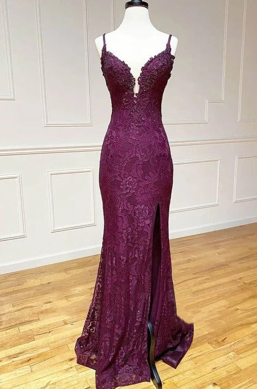 Elegantes Meerjungfrau-Trauben-Spitzen-Langballkleid Formales Abendkleid mit Schlitz J6556