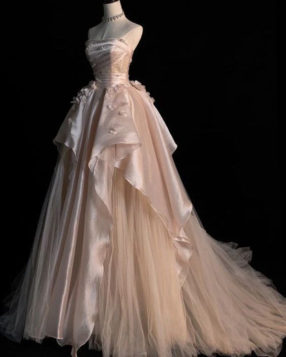 Pink A Line Strapless Satin Long Prom Dress Sweet Applique Evening Dress J6557