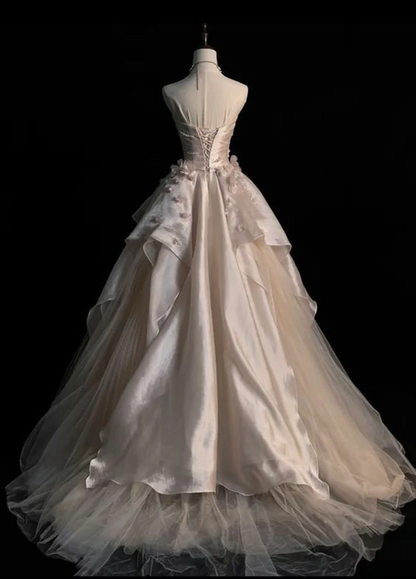 Pink A Line Strapless Satin Long Prom Dress Sweet Applique Evening Dress J6557