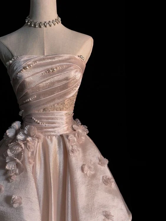 Pink A Line Strapless Satin Long Prom Dress Sweet Applique Evening Dress J6557