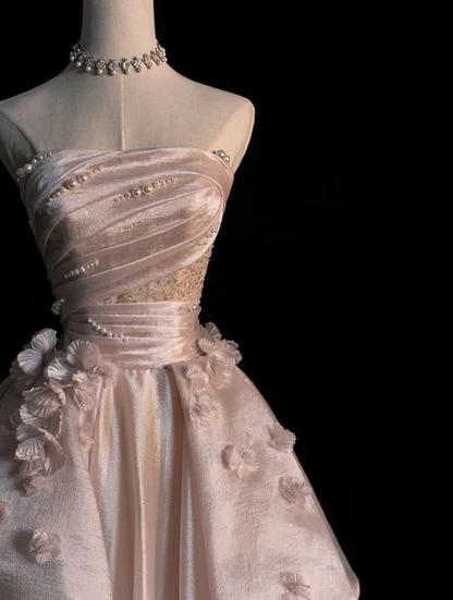 Pink A Line Strapless Satin Long Prom Dress Sweet Applique Evening Dress J6557