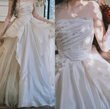 Pink A Line Strapless Satin Long Prom Dress Sweet Applique Evening Dress J6557