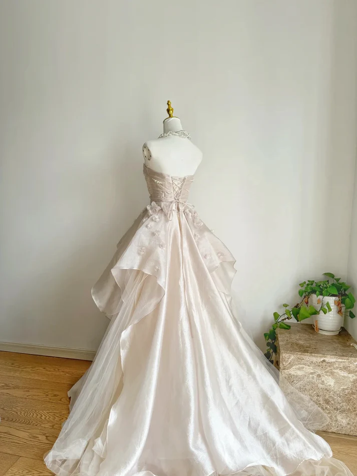 Pink A Line Strapless Satin Long Prom Dress Sweet Applique Evening Dress J6557
