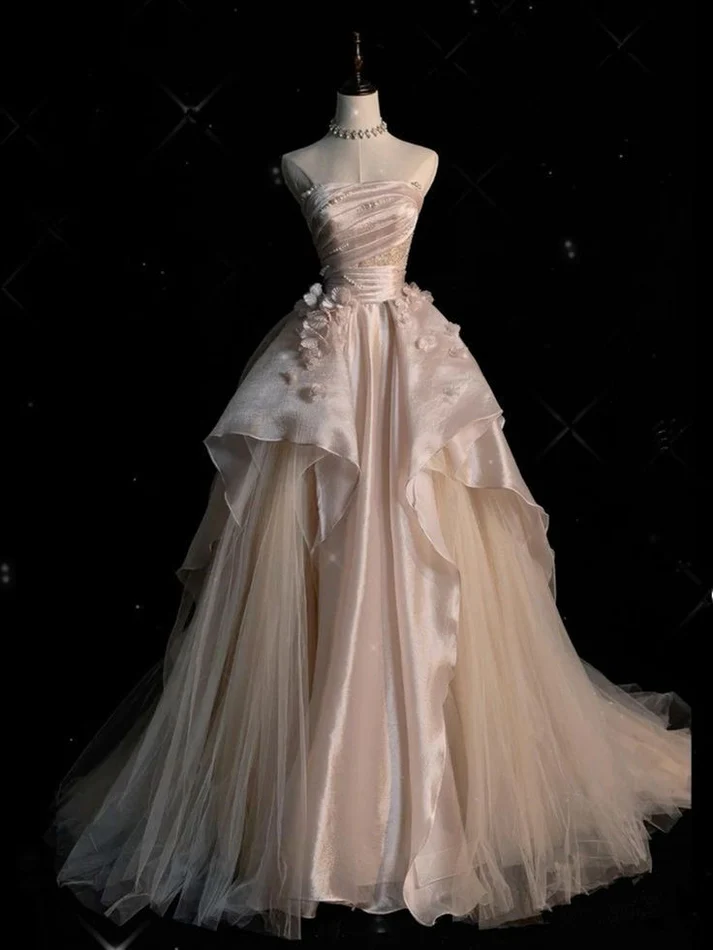 Pink A Line Strapless Satin Long Prom Dress Sweet Applique Evening Dress J6557