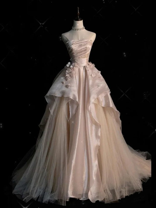 Rosa A-Linie trägerloses Satin langes Ballkleid süße Applikation Abendkleid J6557