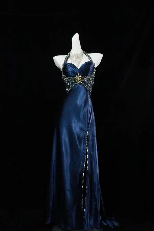 Neckholder A-Linie Marineblau Schlitz Langes Ballkleid Perlen Abendkleider J6560
