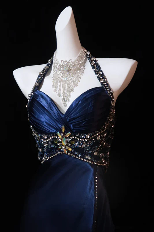 Neckholder A-Linie Marineblau Schlitz Langes Ballkleid Perlen Abendkleider J6560