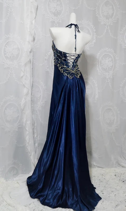 Neckholder A-Linie Marineblau Schlitz Langes Ballkleid Perlen Abendkleider J6560