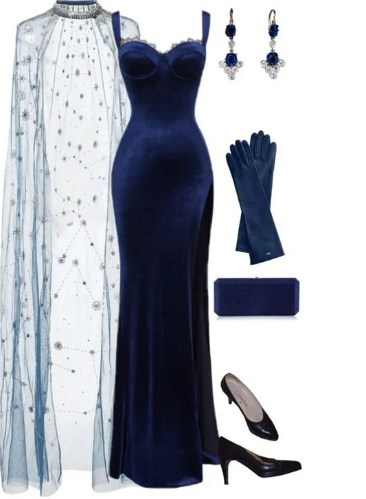 Sheath Navy Blue Velvet Slit Prom Dresses Long Evening Dress J6561