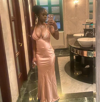Robe de soirée longue sirène en satin rose sexy à licou J6562