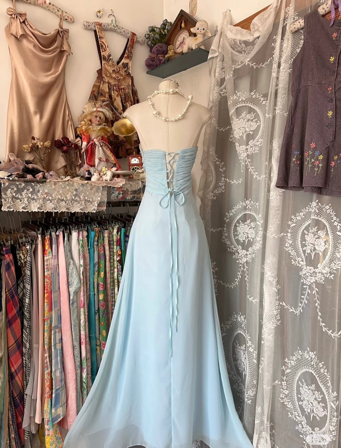 Robe de bal en mousseline de soie bleue à col en cœur et perles, robe de soirée trapèze J6563