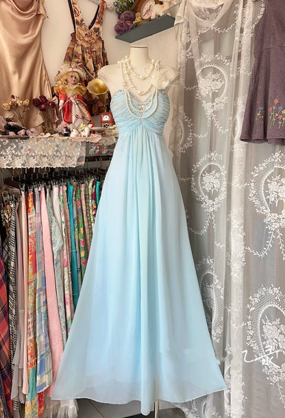 Robe de bal en mousseline de soie bleue à col en cœur et perles, robe de soirée trapèze J6563