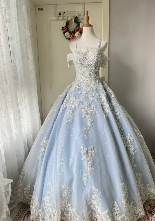 Robe de Quinceanera bleue à appliques perlées, coupe trapèze, pour 16 ans, J6564