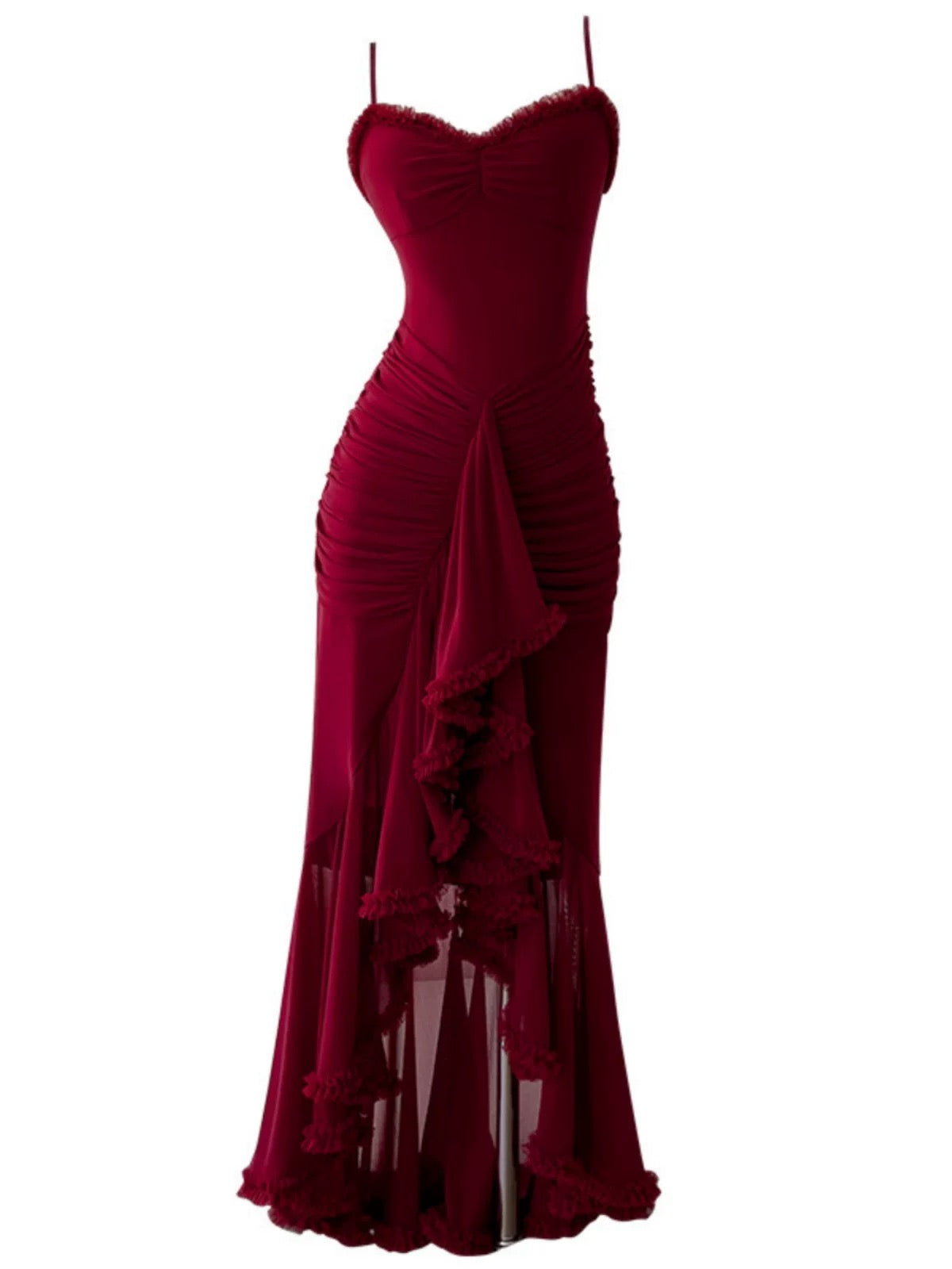 Robe de bal bordeaux à bretelles spaghetti et à volants J6565