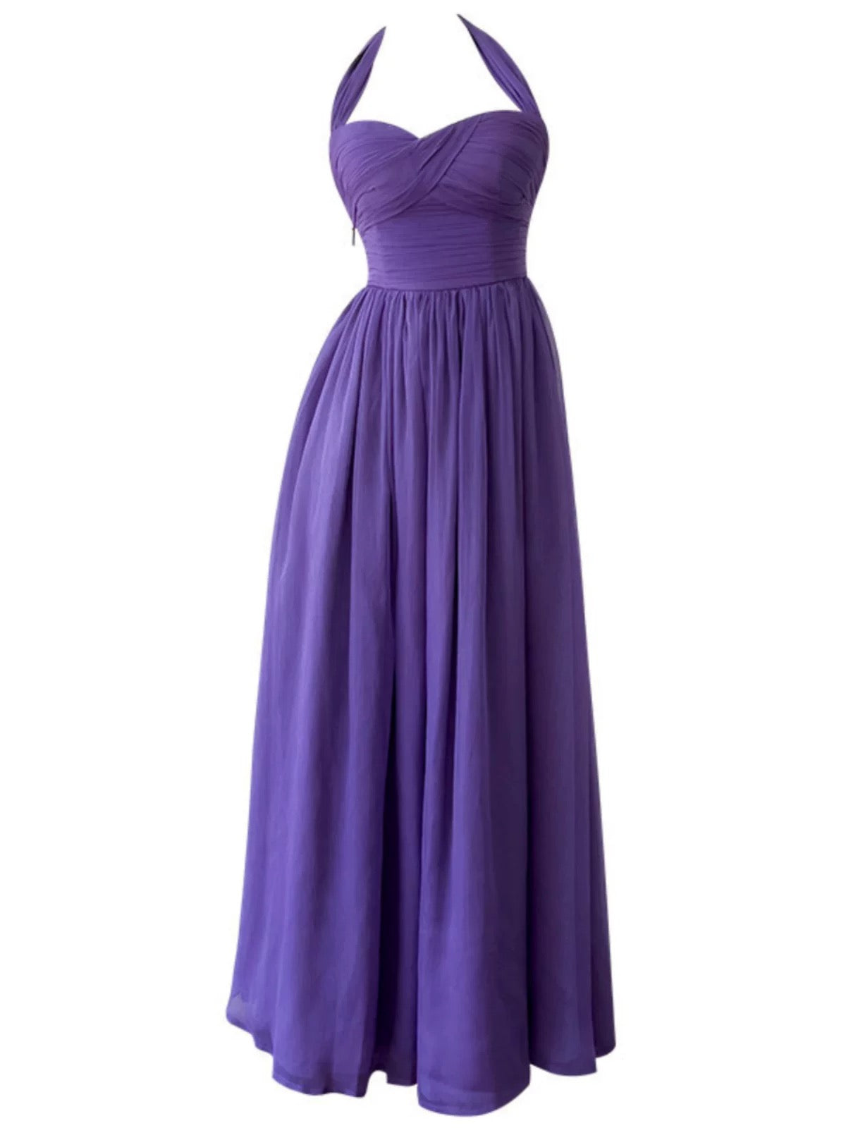 Robe de bal violette à licou, coupe trapèze, en mousseline de soie, J6566