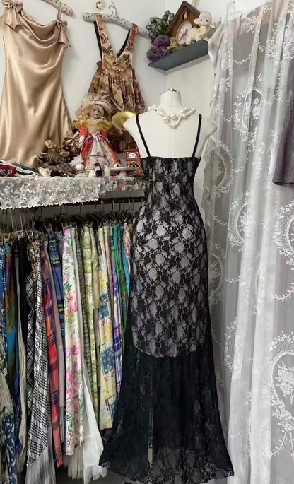 Spaghettiträger Schwarze Spitze Meerjungfrau Ballkleid Vintage Abendkleid J6568