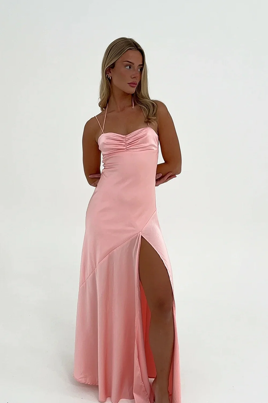 Robe de bal rose en satin à bretelles spaghetti, robe d'invitée de mariage J6573