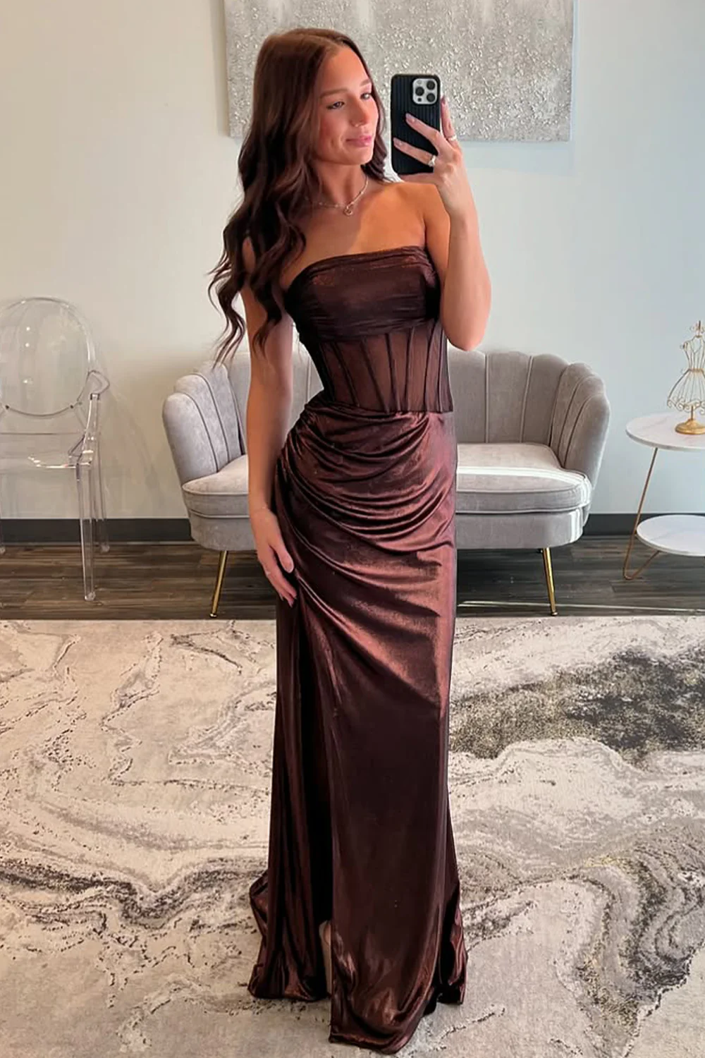 Mermaid Strapless Brown Prom Dress With Slit J6575