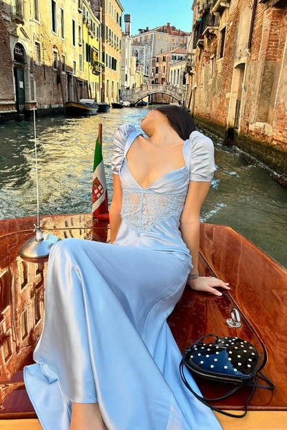 A-Linie Satin Blau Langes Partykleid Spitze Hochzeitsgastkleid J6577