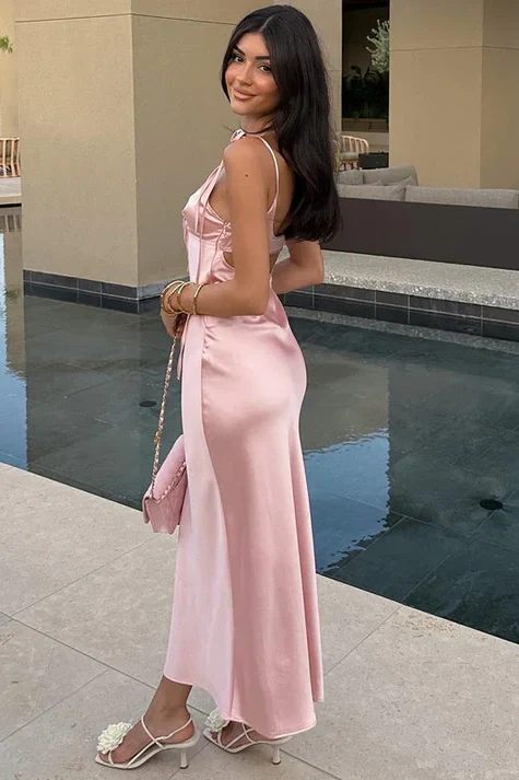 Robe fourreau longue en satin rose pour soirée, robe d'invitée de mariage J6578