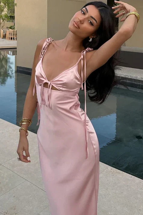 Robe fourreau longue en satin rose pour soirée, robe d'invitée de mariage J6578