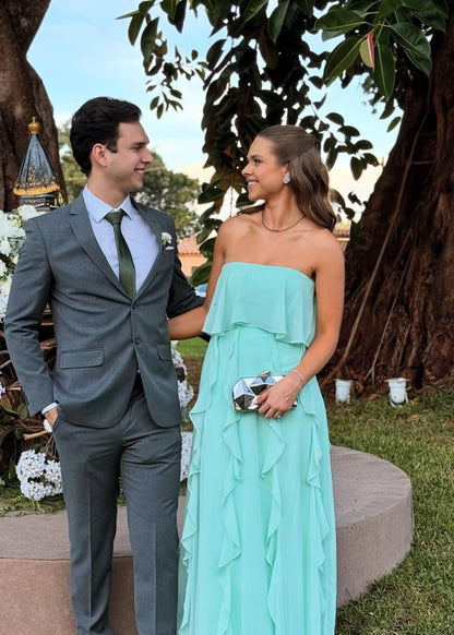 Strapless Ruffle Prom Dress Chiffon Formal Wedding Guest Dress J7039