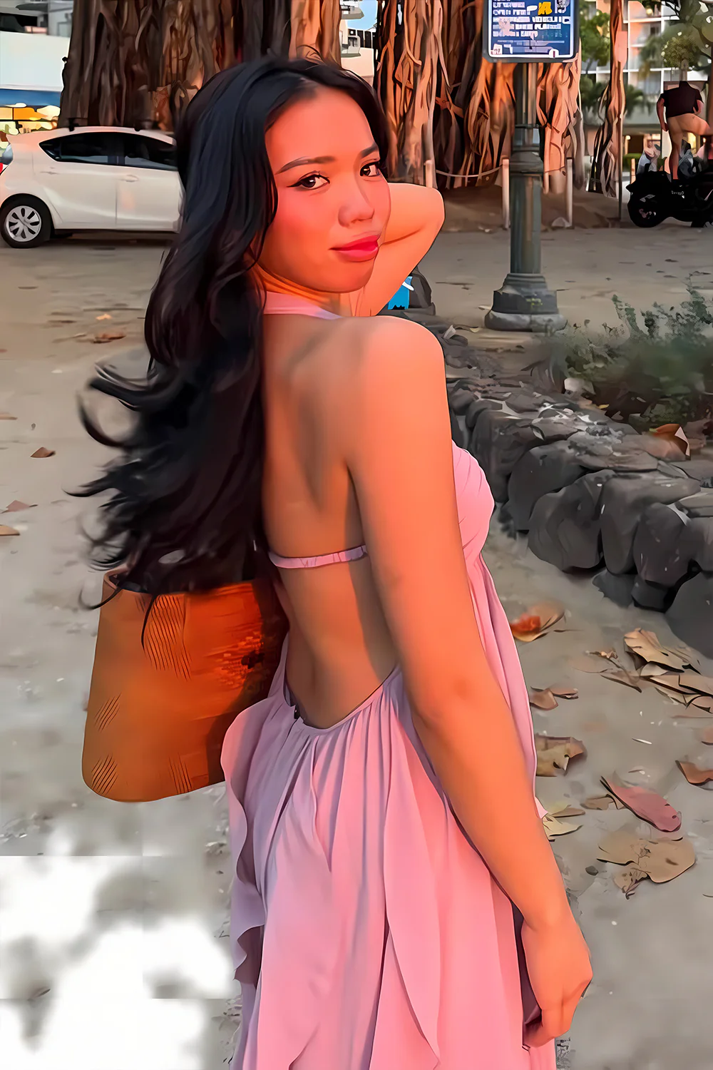 Robe de bal longue rose à volants et dos nu, coupe trapèze, J6580