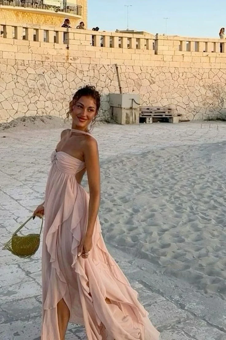 Robe de bal longue rose à volants et dos nu, coupe trapèze, J6580