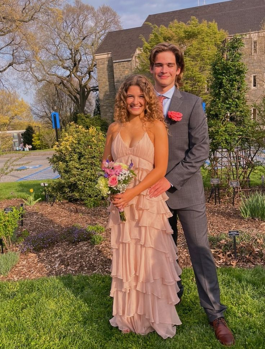 A Line Chiffon Pink Prom Dress Tiered Wedding Guest Dress J6584