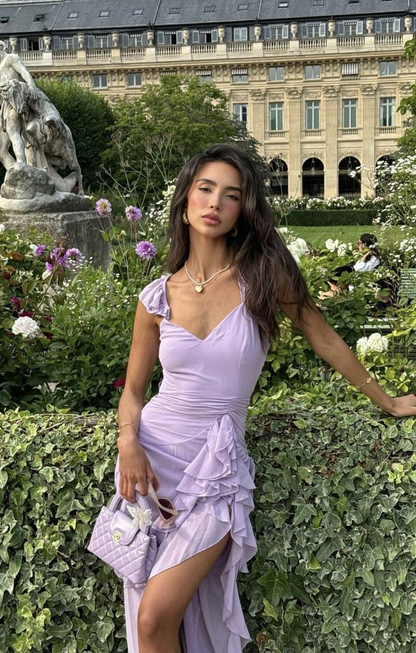 Hellviolettes Ballkleid mit Rüschen und Schlitz, formelles Partykleid J6591