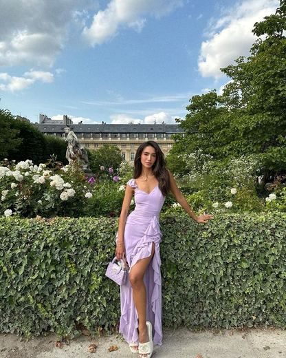 Hellviolettes Ballkleid mit Rüschen und Schlitz, formelles Partykleid J6591