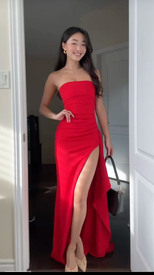 Robe de bal rouge bustier fendue, robe de soirée formelle J6592