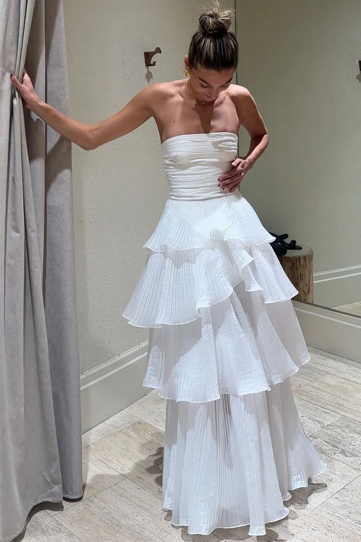 A-Linie, weißes, gestuftes Ballkleid, Geburtstags-Outfits, Abendkleid J6596