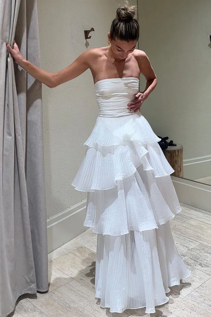 A-Linie, weißes, gestuftes Ballkleid, Geburtstags-Outfits, Abendkleid J6596