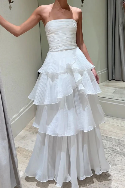 A-Linie, weißes, gestuftes Ballkleid, Geburtstags-Outfits, Abendkleid J6596