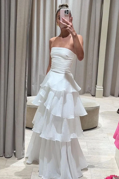 A-Linie, weißes, gestuftes Ballkleid, Geburtstags-Outfits, Abendkleid J6596
