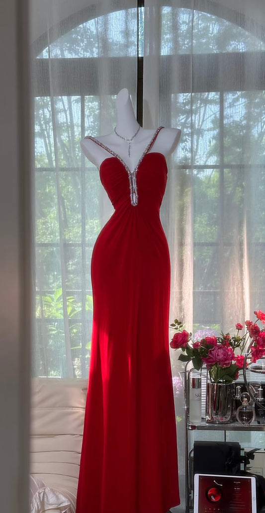 Rotes sexy Abendkleid, formelles Partykleid, Ballkleid J7064