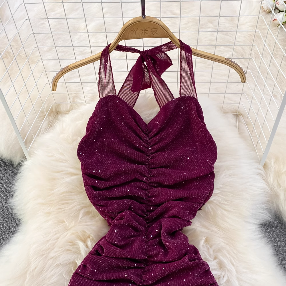 Halter Neck Backless Evening Gown Sequined Mermaid Dress L46