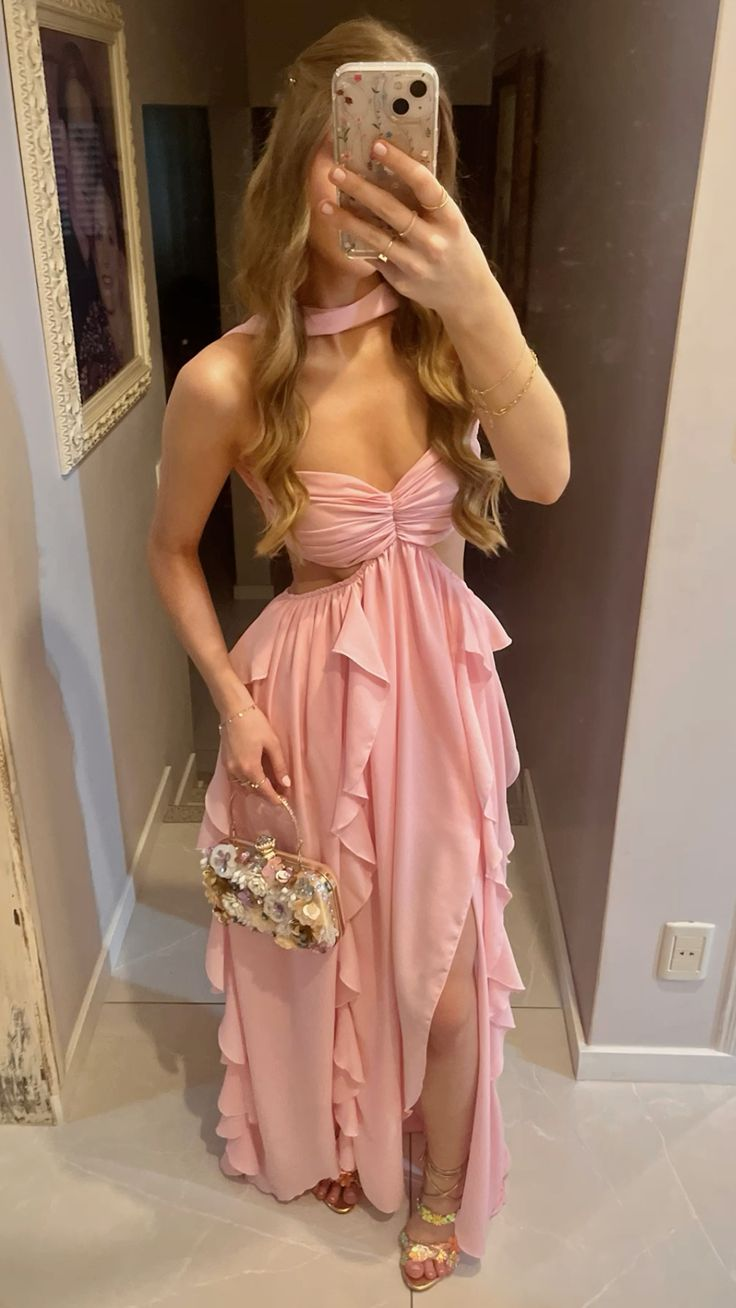 Robe de bal rose à volants en mousseline de soie, coupe trapèze, tenue d'invité de mariage d'été J6600