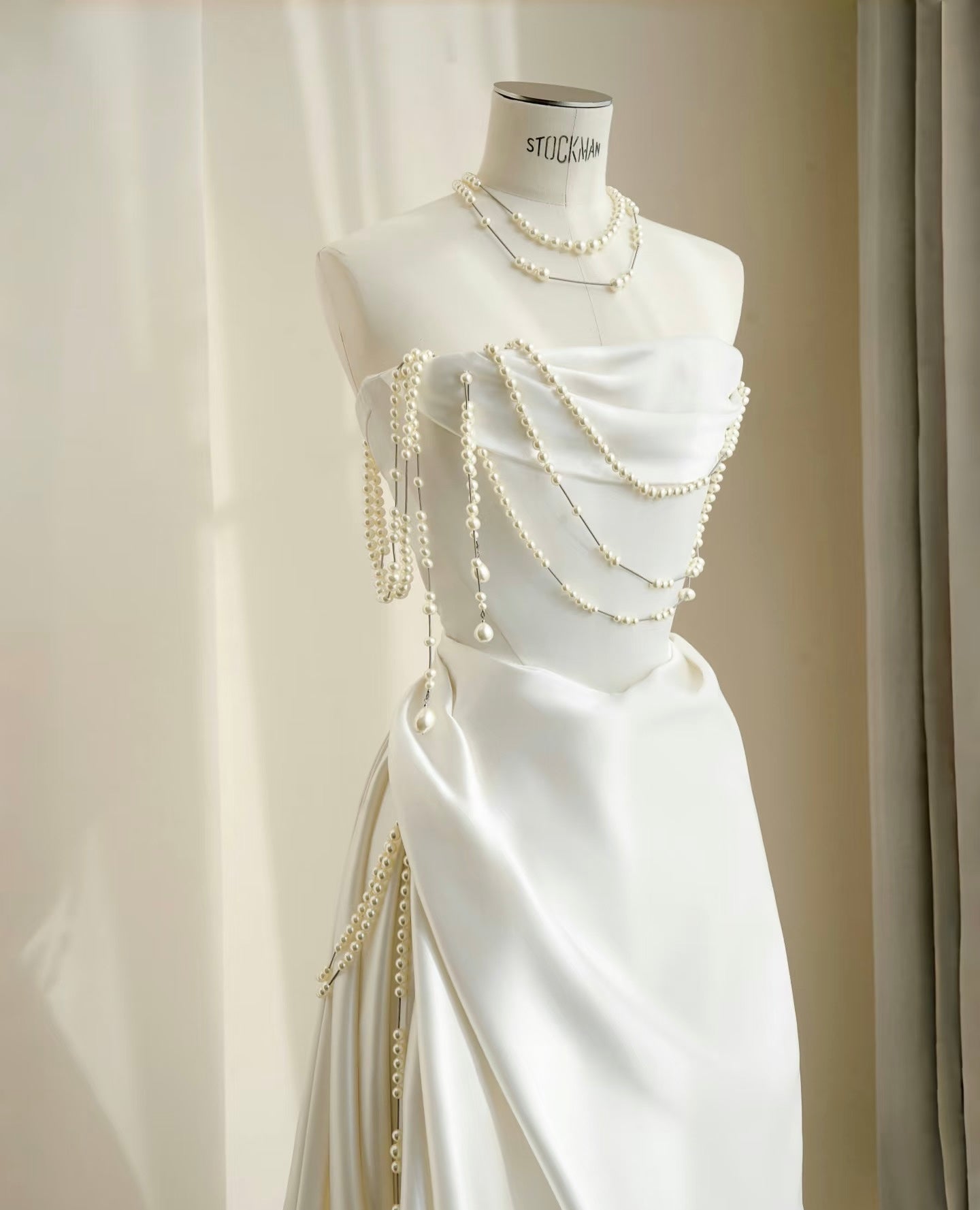 Strapless A Line White Wedding Dress Evening Dress With Pearl J6604