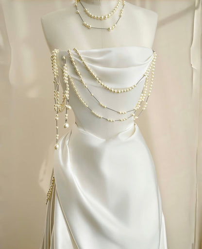 Strapless A Line White Wedding Dress Evening Dress With Pearl J6604