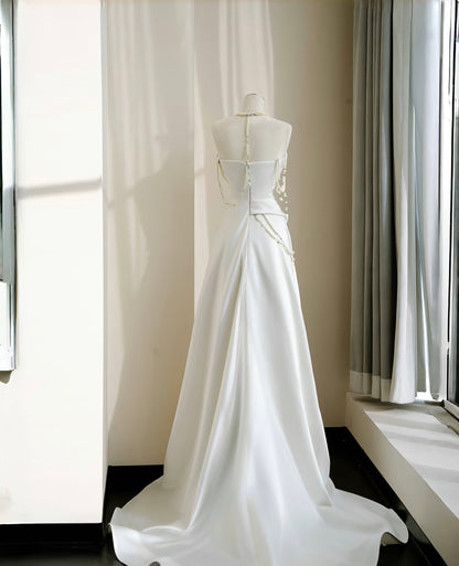 Strapless A Line White Wedding Dress Evening Dress With Pearl J6604