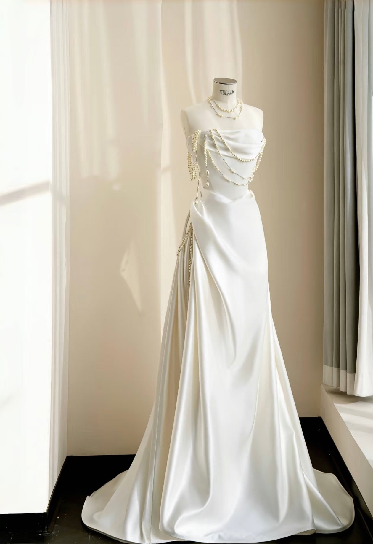 Strapless A Line White Wedding Dress Evening Dress With Pearl J6604