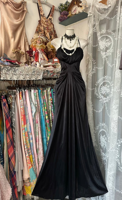 Black Mermaid Vintage Dress Satin Black Prom Dress J6606