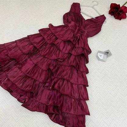 Robe de soirée rose vif à volants étagés J7749