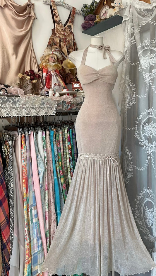 Champagne Halter Mermaid Vintage Dress Formal Prom Dress J6609