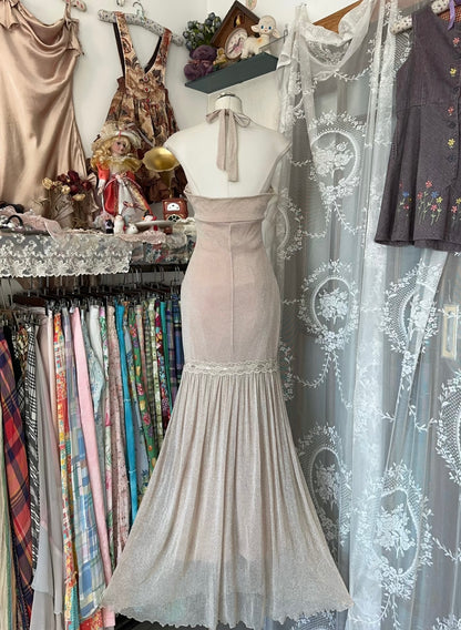 Champagne Halter Mermaid Vintage Dress Formal Prom Dress J6609