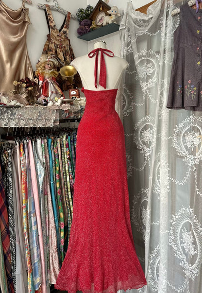 Halter Mermaid Red Vintage Dress Ruffle Formal Prom Dress J6610