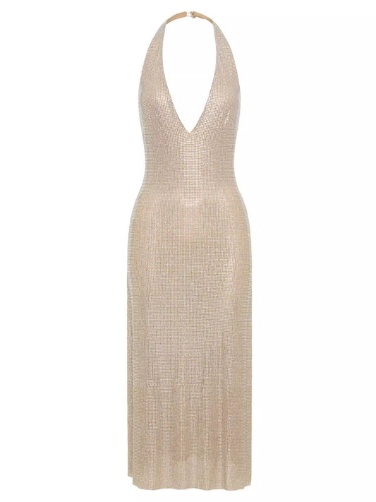 Robe de soirée sirène scintillante à col en V et perles J6613